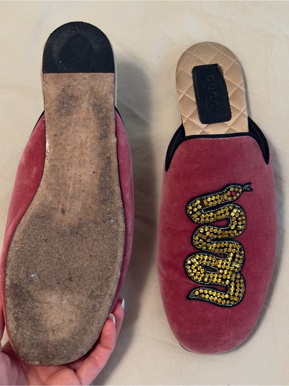 Gucci Rose Pink Velvet Beaded Snake Mules - Picture 2 of 6